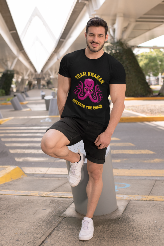 'Team Kraken Release The Chaos' Octopus Unisex Heavy Cotton Tee, Kraken Shirt, Gift for Ocean Lovers, Casual Wear for All Occasions, Mythology, Scary, Creepy, Geek, Nerd