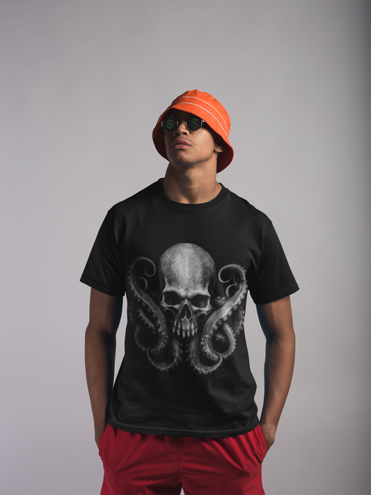 Skull & Octopus Graphic Tee | Edgy Unisex Heavy Cotton T-Shirt, Alternative Fashion, Halloween Gift, Casual Wear, Trendy Apparel, Kraken, Cthulhu, Monster