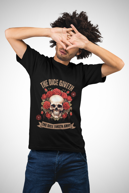 Skull & Roses 'The Dice Giveth The Dice Taketh Away' Graphic Tee, Unisex Heavy Cotton Tee, Casual Wear, Gift for Gamers, Alternative Fashion, D20, DND, RPG, TTRPG, Geek, Nerd