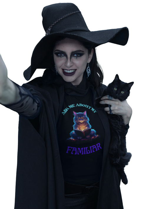 'Ask Me About My Familiar' Mystical Cat Enamel Tee, Cute Animal T-Shirt, Gift for Cat Lovers, Fun Graphic Tee, Witch, DND, RPG, TTRPG, Geek, Nerd