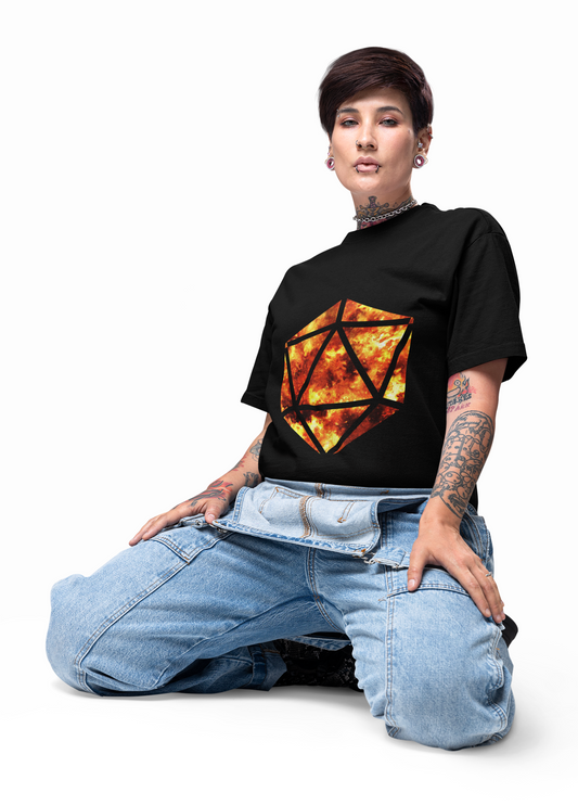 D20 Fire Element Fiery Geometric Unisex Tee - Bold Graphic Cotton Shirt, Casual Wear, Streetwear, Gamer Gift, Unique Art Tee, DND, RPG, TTRPG, Geek, Nerd