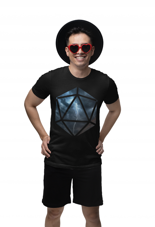 D20 Air Element Cosmic Geometric Unisex Heavy Cotton Tee | Storm Graphic Tee, Lightning Art Shirt, Unique Casual Wear, Gift for Tornado Lovers, DND, RPG, TTRPG, Geek, Nerd