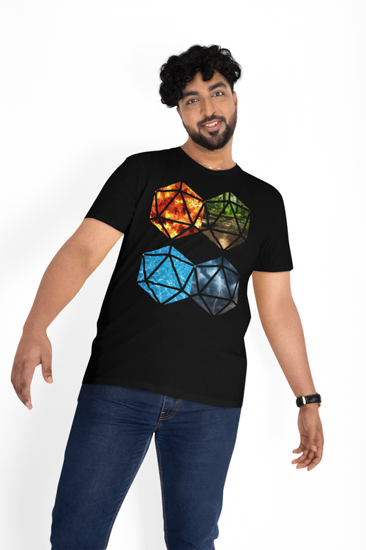 D20 Four Basic Elements Colorful Geometric Art Tee, Unisex Cotton T-Shirt, Modern Graphic Shirt, Gift for Art Lovers, Casual Everyday Wear, Festival Apparel, DND, RPG, TTRPG, Geek, Nerd