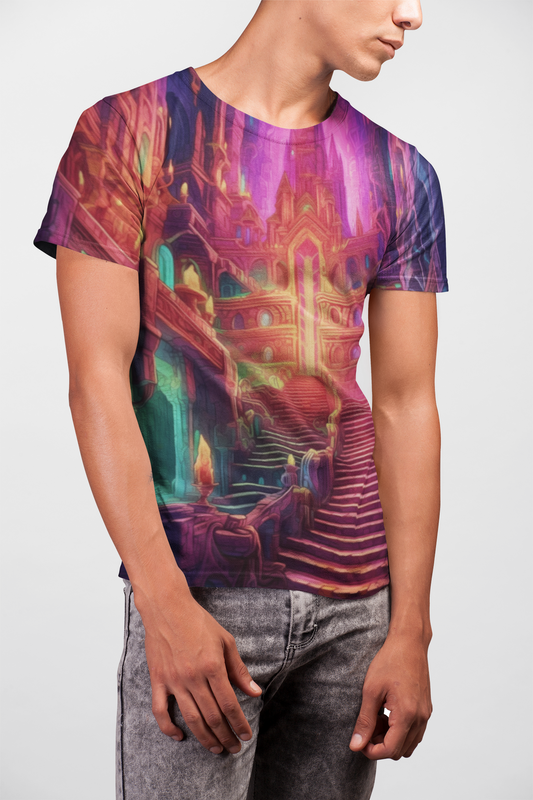 Dungeon & Dragon AOP Vibrant Fantasy Staircase Tee, Colorful Artistic T-Shirt, Unique Gift for Art Lovers, Casual Wear, Graphic Tee for Events, DND, RPG, TTRPG, Geek, Nerd