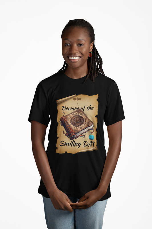 Unisex Heavy Cotton Tee - "Beware of the Smiling DM" RPG Humor Shirt, Ideal for Gamers, Casual Wear, Gifts for D&D Fans, Fun T-Shirt, D20, DND, TTRPG, Geek, Nerd