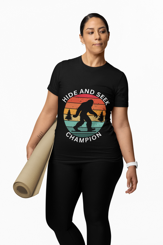 Funny Bigfoot Sasquatch Hide and Seek Champion Tee, Fun Graphic T-Shirt for Nature Lovers, Gift for Outdoorsy Friends, Unisex Casual Top, Adventure Apparel, Cryptid, Geek, Nerd