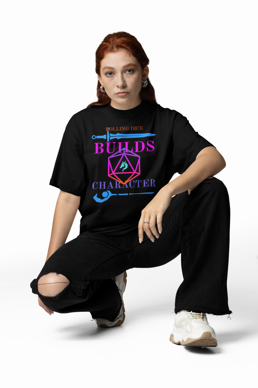 Unisex Heavy Cotton Tee - 'Rolling Dice Builds Character', Gamer Shirt, D&D Tee, Geeky Apparel, Role-Playing Gift, Fun RPG Top, D20, TTRPG, Geek, Nerd