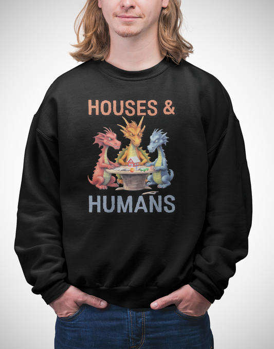 'Houses & Humans' Heavy Blend Crewneck Sweatshirt, Cozy unisex sweatshirt, Fantasy apparel, Gift for nerds, Dragon lover merch, D&D, DND, RPG, TTRPG, Geek, Nerd, D20