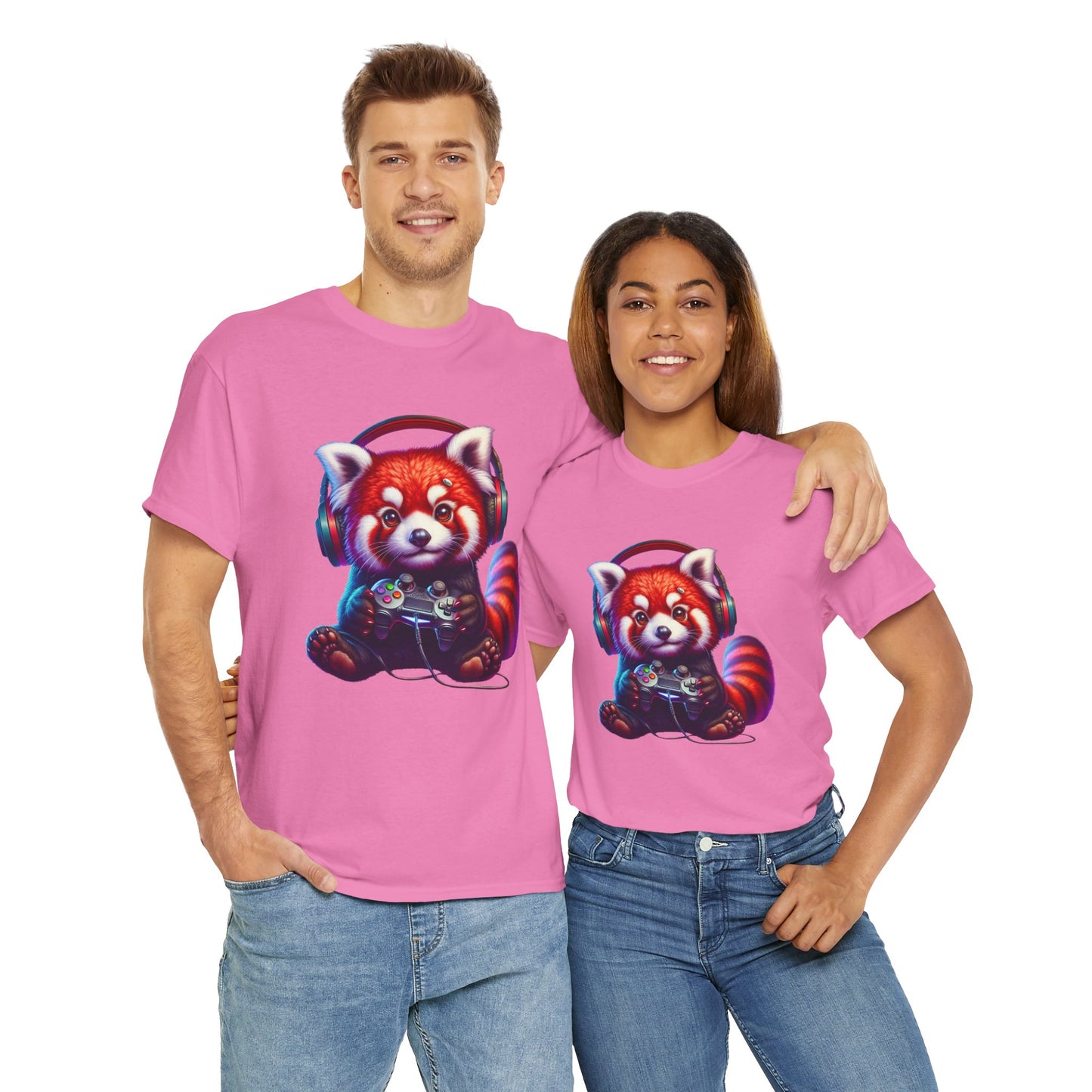 Cute Kawaii Gaming Red Panda Tee - Unisex Heavy Cotton Tee Shirt, Gamer, Anime, Headphones, Earphones, Geek, Nerd