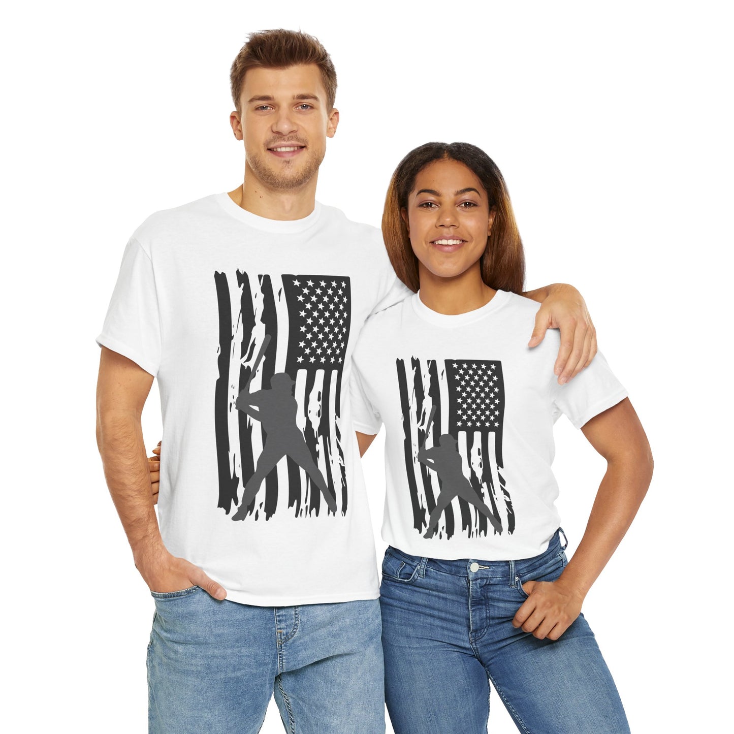 Patriotic Baseball Silhouette Unisex Heavy Cotton Tee | American Flag Graphic T-Shirt, Casual Wear, Independence Day, Gift for Baseball Fans, Batter Up