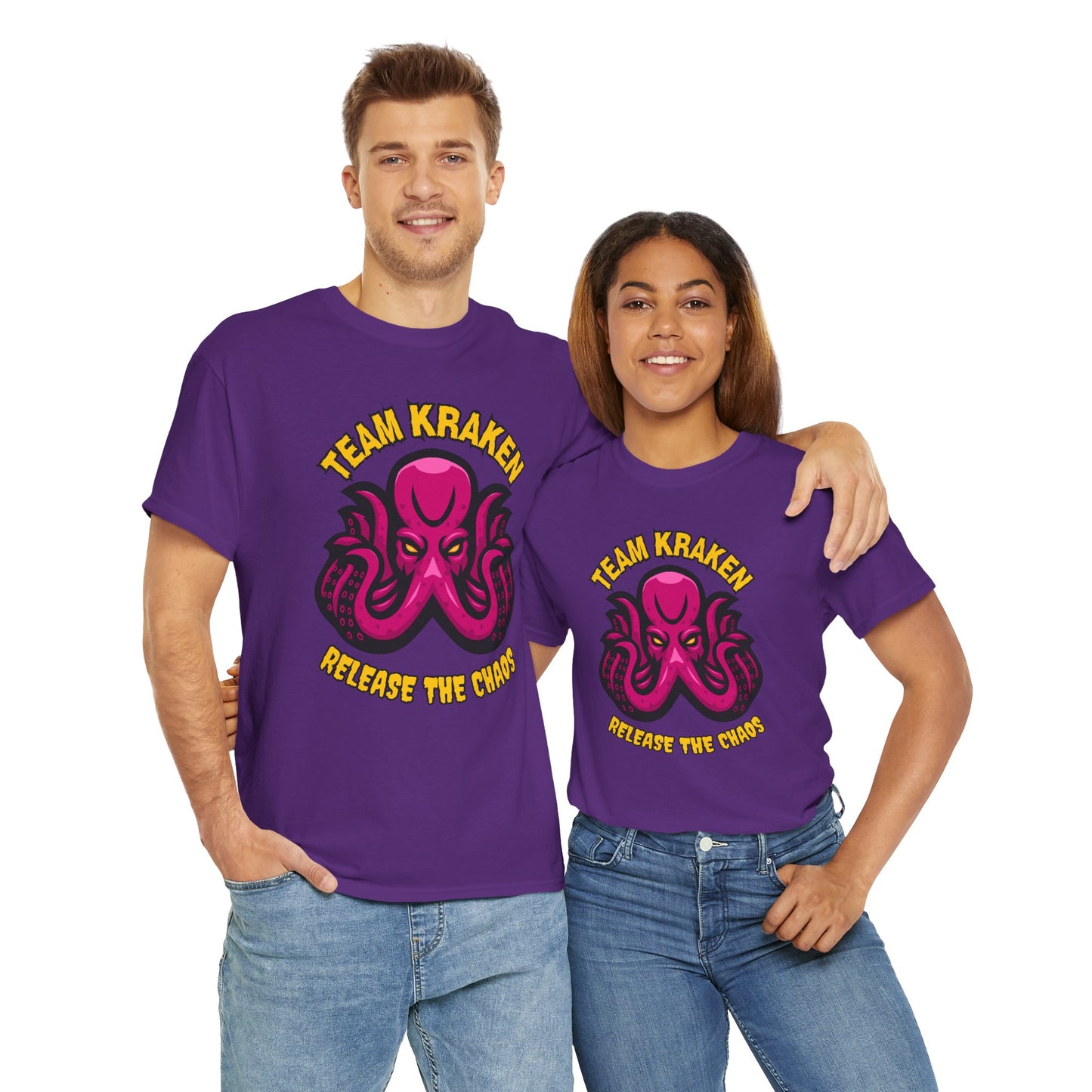 'Team Kraken Release The Chaos' Octopus Unisex Heavy Cotton Tee, Kraken Shirt, Gift for Ocean Lovers, Casual Wear for All Occasions, Mythology, Scary, Creepy, Geek, Nerd