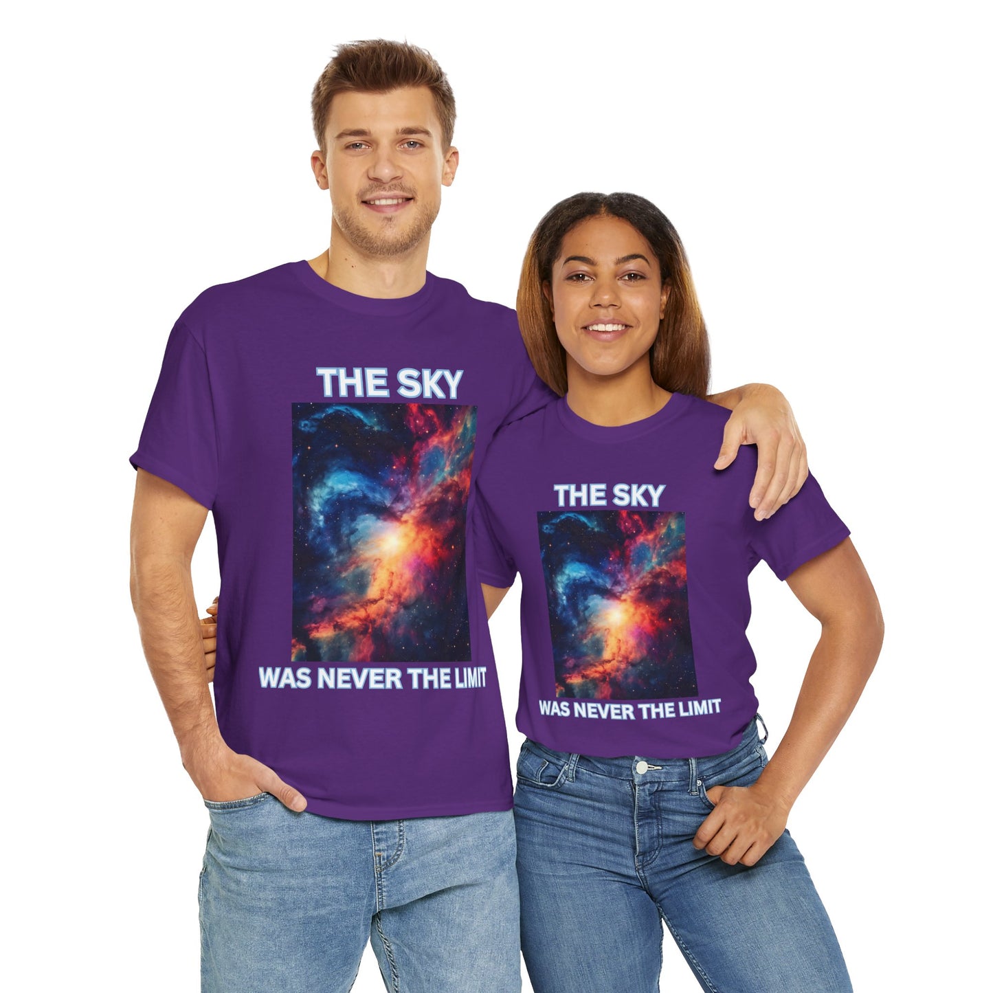 Unisex Heavy Cotton Tee Shirt - 'The Sky Was Never The Limit' Inspirational Galaxy Print, Geek, Nerd, Space