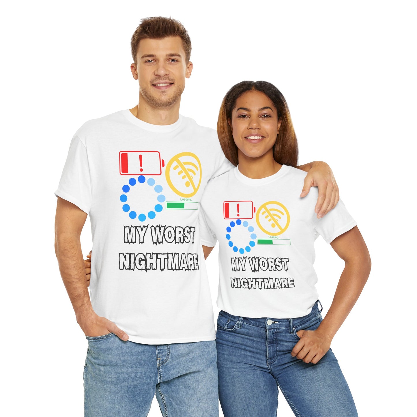 My Worst Nightmare Unisex Heavy Cotton Tee - Funny Graphic T-Shirt for Tech Lovers, Low Battery, No WiFi, Buffering, Loading, PC, Gamer, Gaming, Video Game, Geek, Nerd