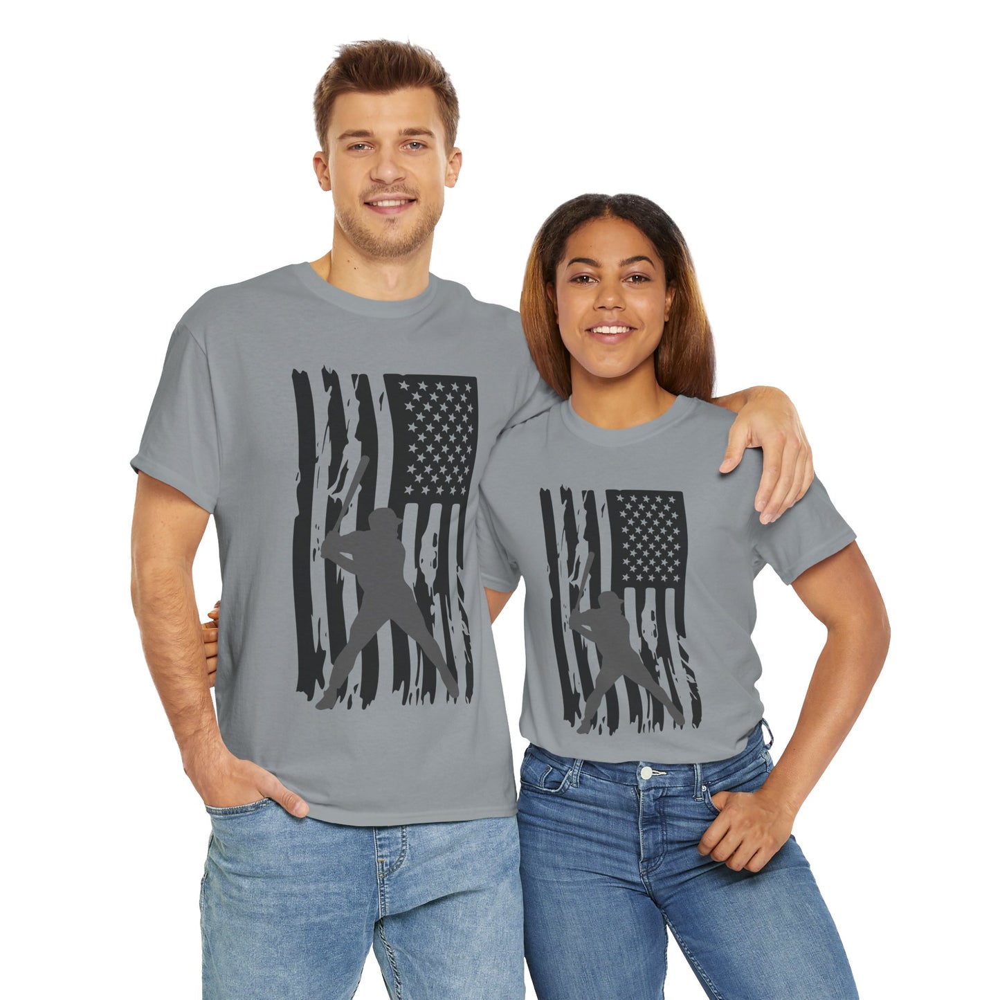 Patriotic Baseball Silhouette Unisex Heavy Cotton Tee | American Flag Graphic T-Shirt, Casual Wear, Independence Day, Gift for Baseball Fans, Batter Up