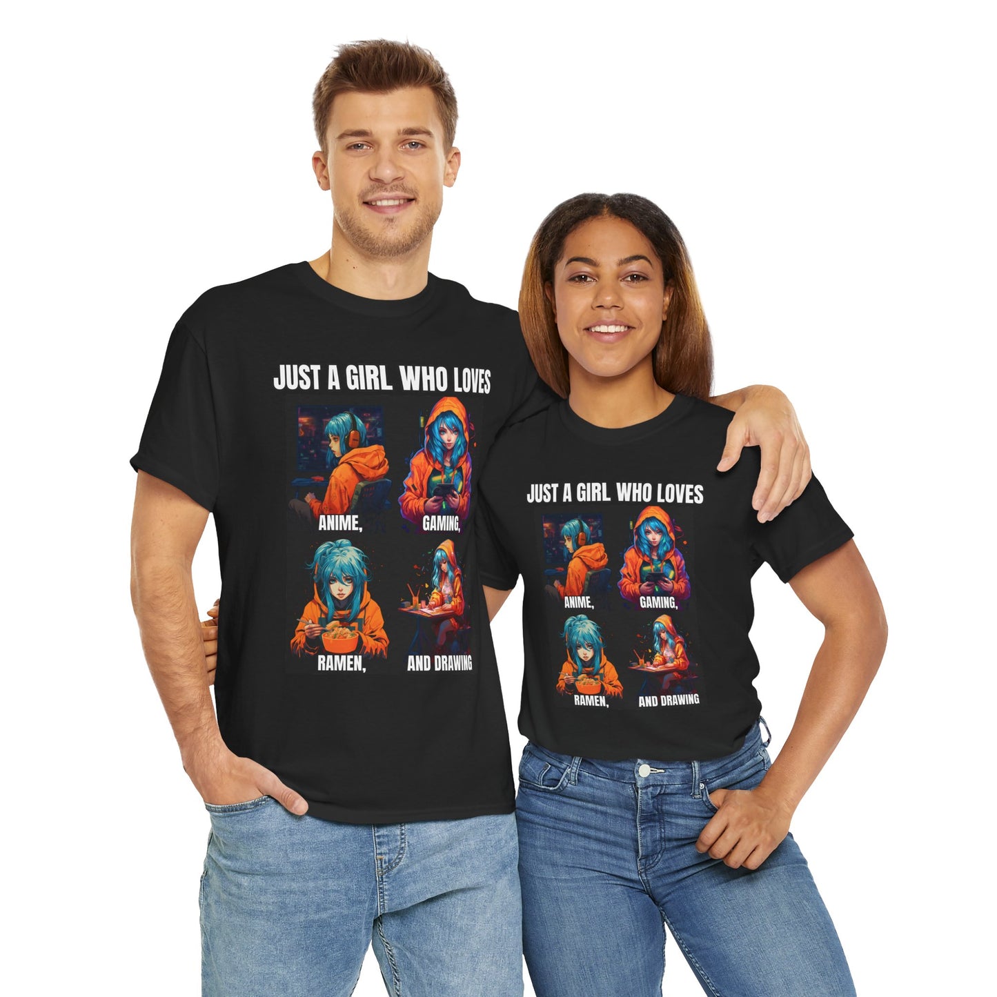 'Just a Girl Who Loves Anime, Gaming, Ramen, and Drawing' Unisex Heavy Cotton Tee - Waifu, Video Game, Gamer, Gamer Girl, Sketching, Weeb, Otaku, Geek, Nerd