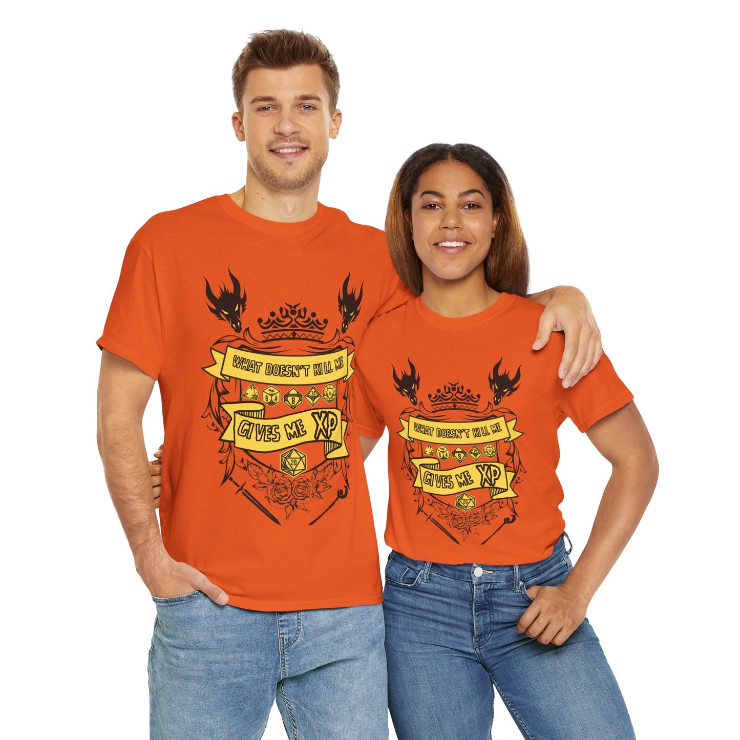 'What Doesn't Kill Me Gives Me XP' Dungeons and Dragons DND Unisex Heavy Cotton Tee Shirt T-Shirt - RPG, TTRPG, Roleplaying, Geek, Nerd