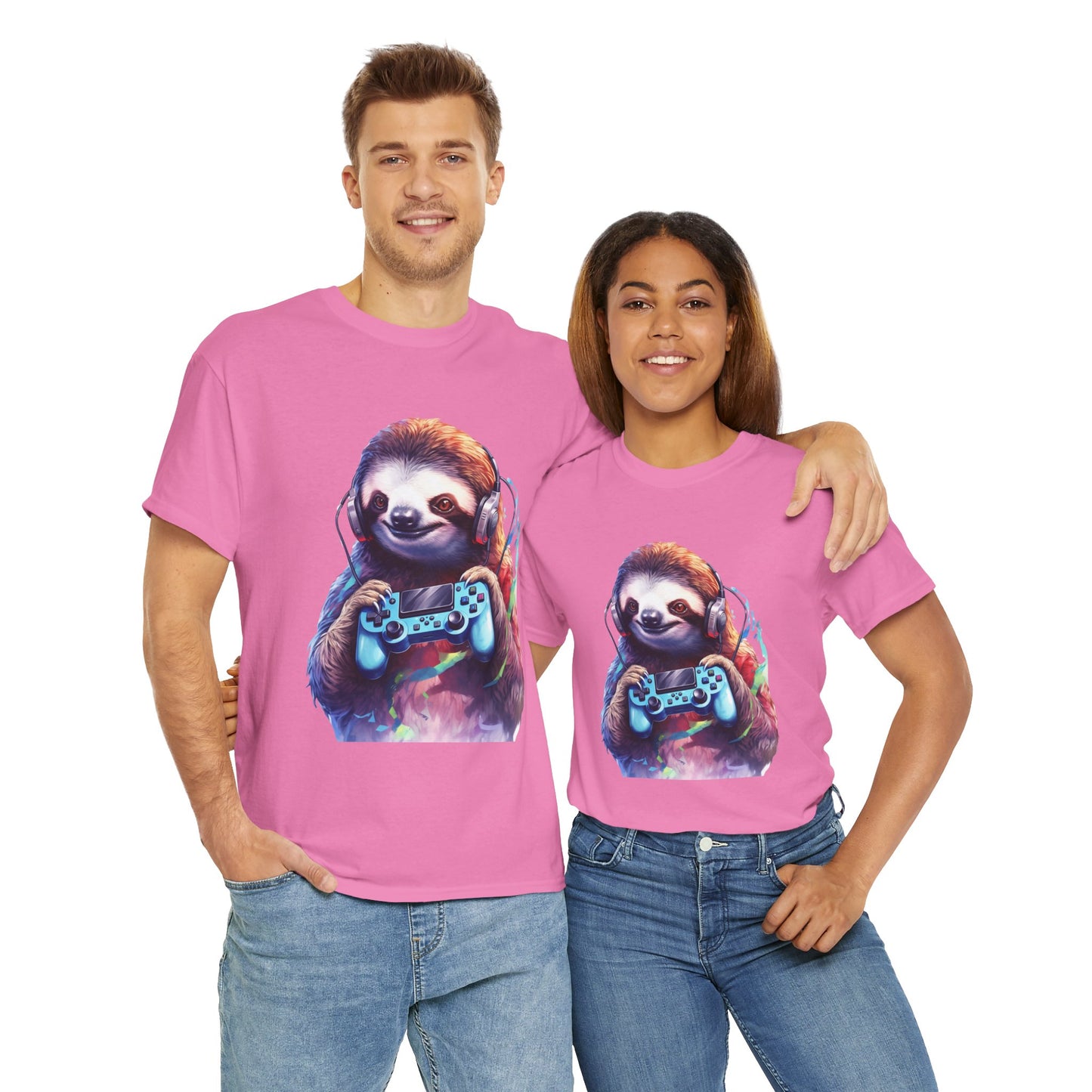 Cute Kawaii Gaming Sloth Unisex Heavy Cotton Tee - Animal Shirt, Gamer Apparel, Video Game, Anime, Weeb, Otaku, Geek, Nerd