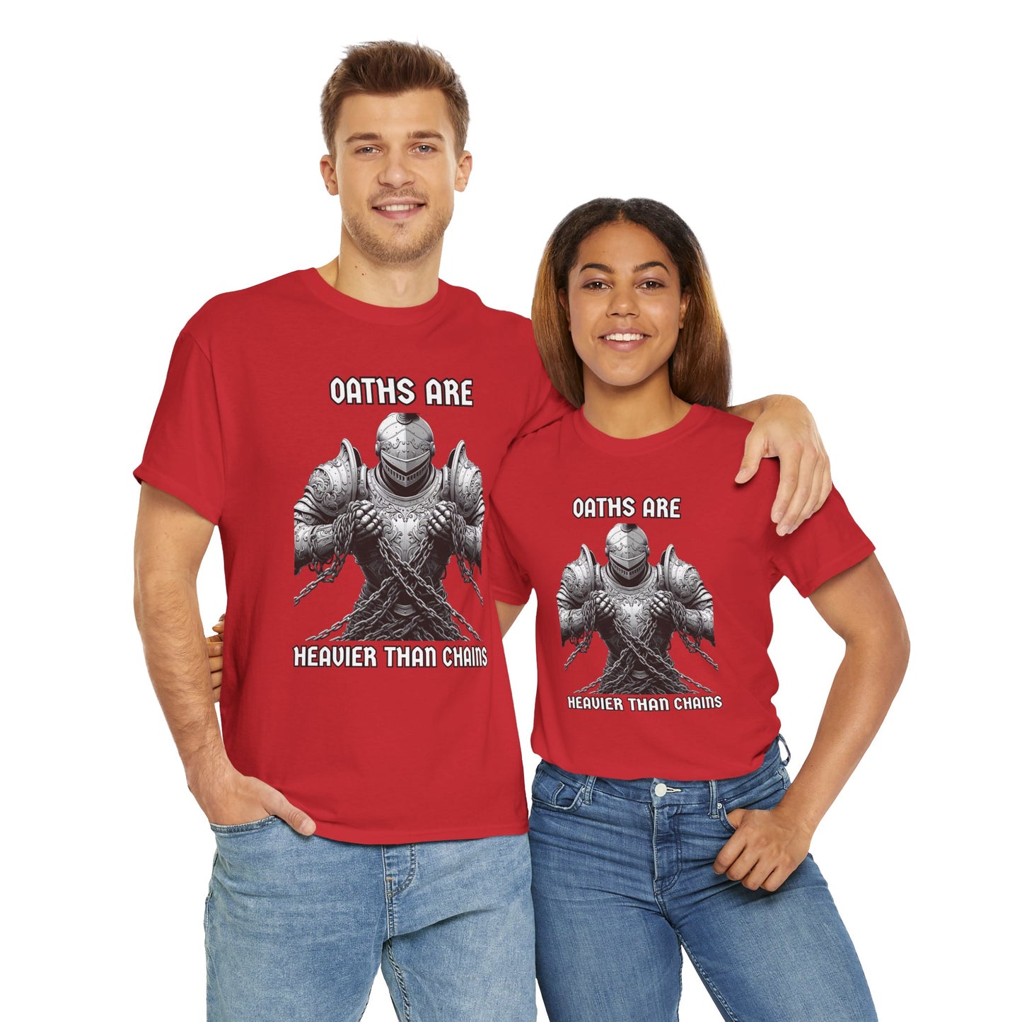 Epic Knight 'Oaths Are Heavier Than Chains' Unisex Heavy Cotton Tee | Casual Wear, Fantasy Lover T-Shirt, Gift for Gamers, Statement Shirt, DND, RPG, TTRPG, Geek, Nerd