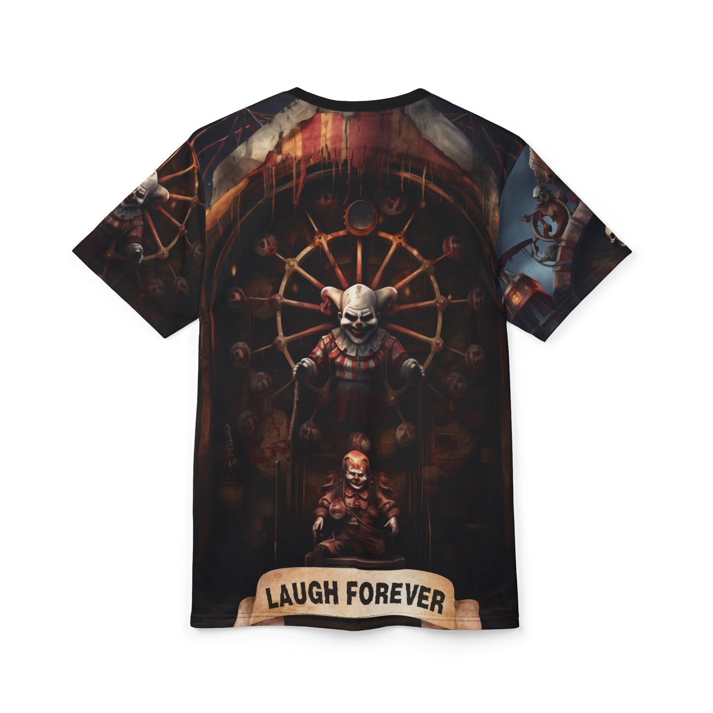 Rotting Carnival No Escape Laugh Forever Unisex AOP Graphic Tee - Dark Fantasy Design, Horror, Scary, Creepy, Clowns, Nightmare