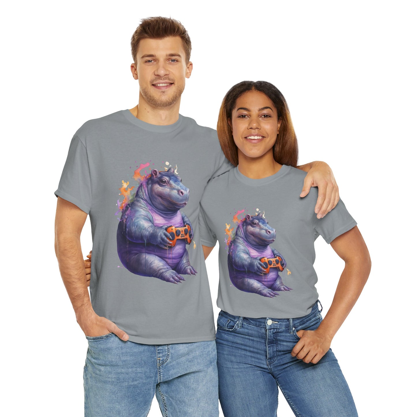 Cute Kawaii Gaming Pygmy Hippo Unisex Heavy Cotton Tee - Fun and Quirky Shirt for Gamers, Video Game, Girl, Anime, Weeb, Otaku, Moo Deng, Thailand