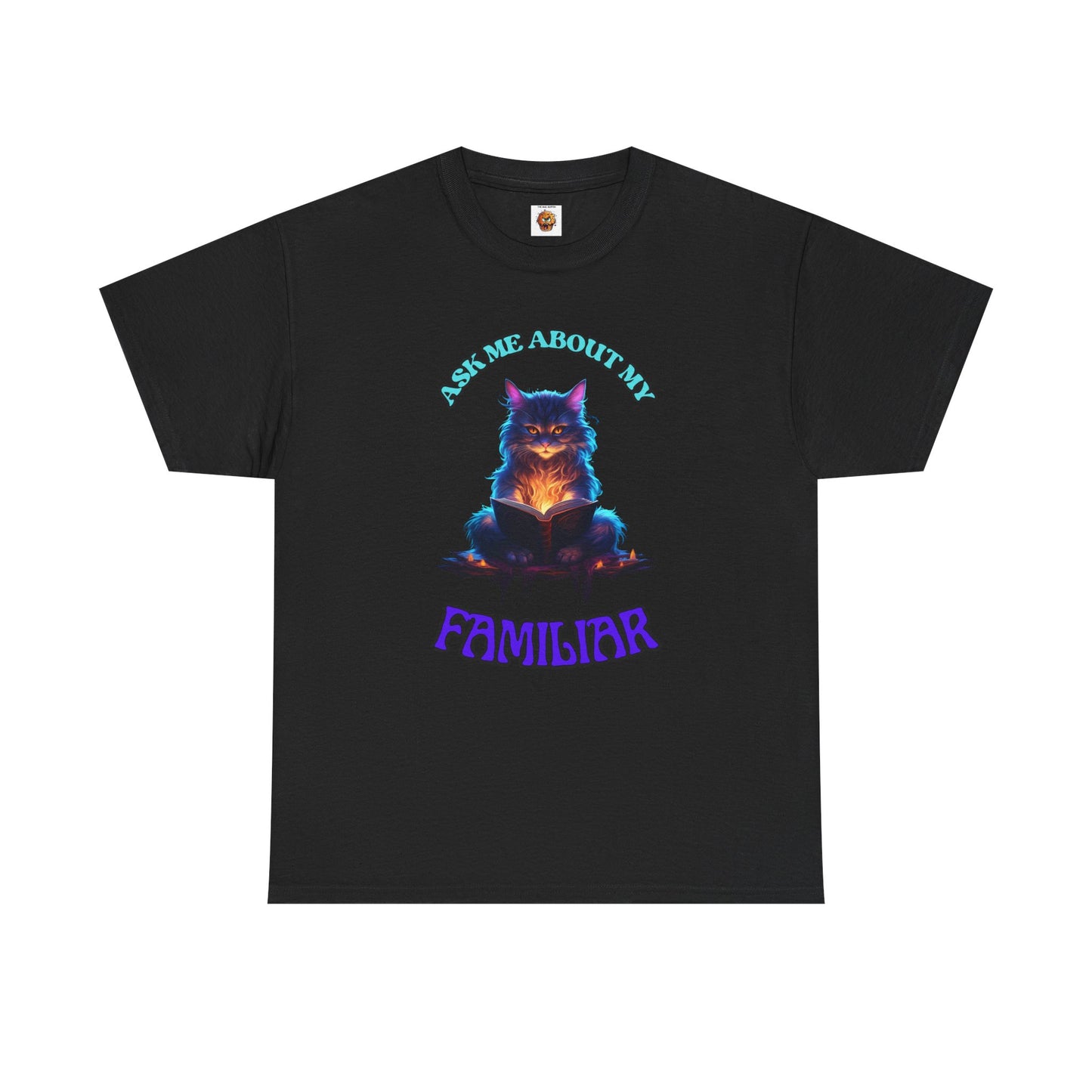 'Ask Me About My Familiar' Mystical Cat Enamel Tee, Cute Animal T-Shirt, Gift for Cat Lovers, Fun Graphic Tee, Witch, DND, RPG, TTRPG, Geek, Nerd