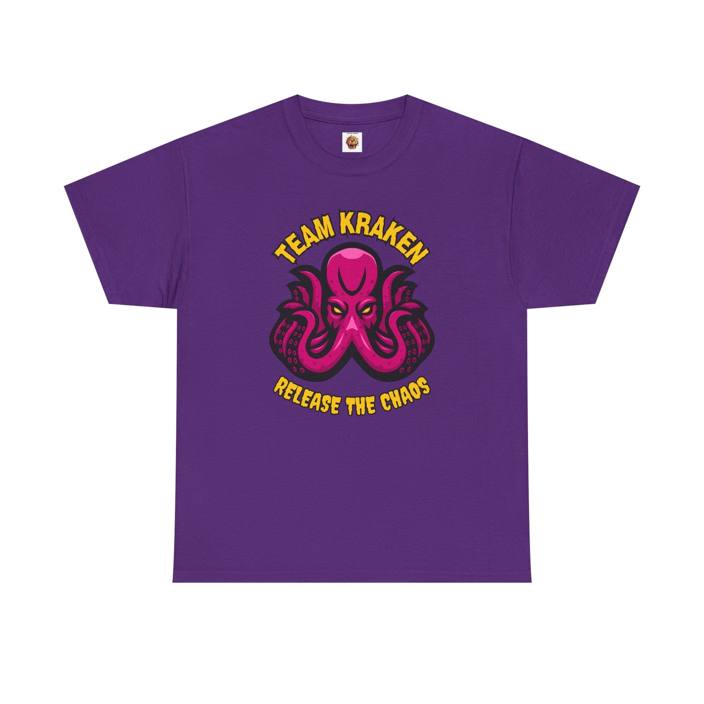 'Team Kraken Release The Chaos' Octopus Unisex Heavy Cotton Tee, Kraken Shirt, Gift for Ocean Lovers, Casual Wear for All Occasions, Mythology, Scary, Creepy, Geek, Nerd