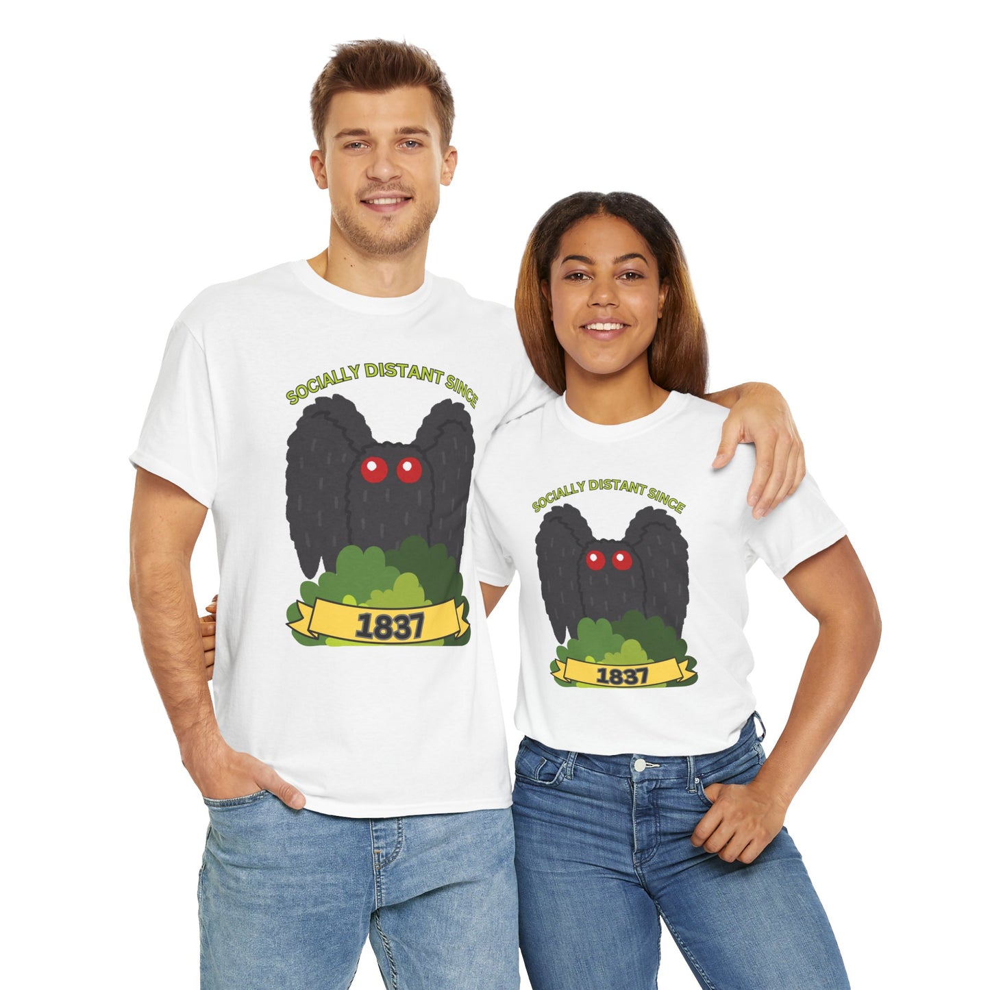 Mothman 'Socially Distant Since 1837' Unisex Tee, Funny Graphic Tee, Quirky T-Shirt, Casual Wear, Gift for Friends, Paranormal, Cryptid, Geek, Nerd, Scary, Creepy