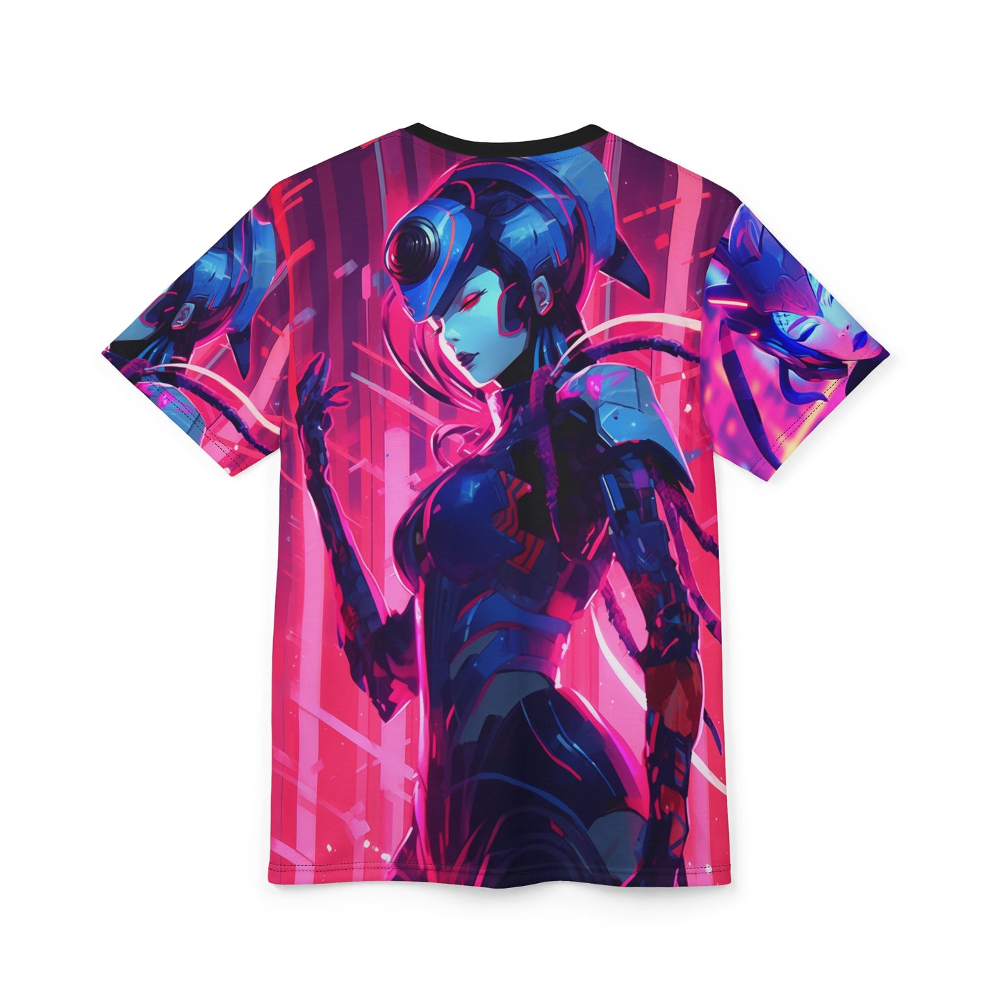 Front and Back Kabuki Cyberpunk Futuristic Anime Performer Neon Unisex AOP Tee - Bold Graphic Print, Neon, Cybernetic, Science, Tech, Sci-Fi, Geek, Nerd