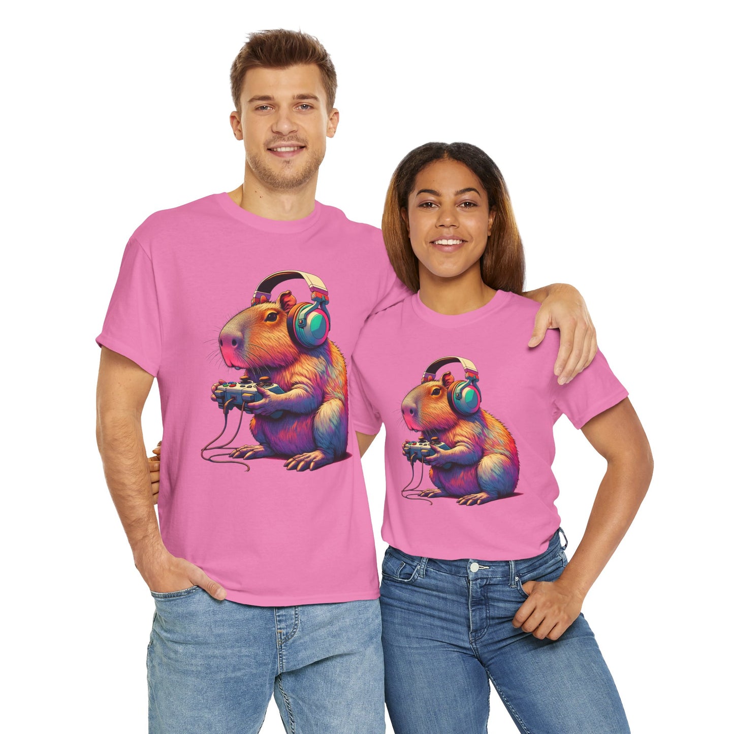 Cute Kawaii Gamer Capybara Guinea Pig Unisex Heavy Cotton Tee Shirt - Headphones, Earphones, Gaming, Anime, Video Game, Geek, Nerd