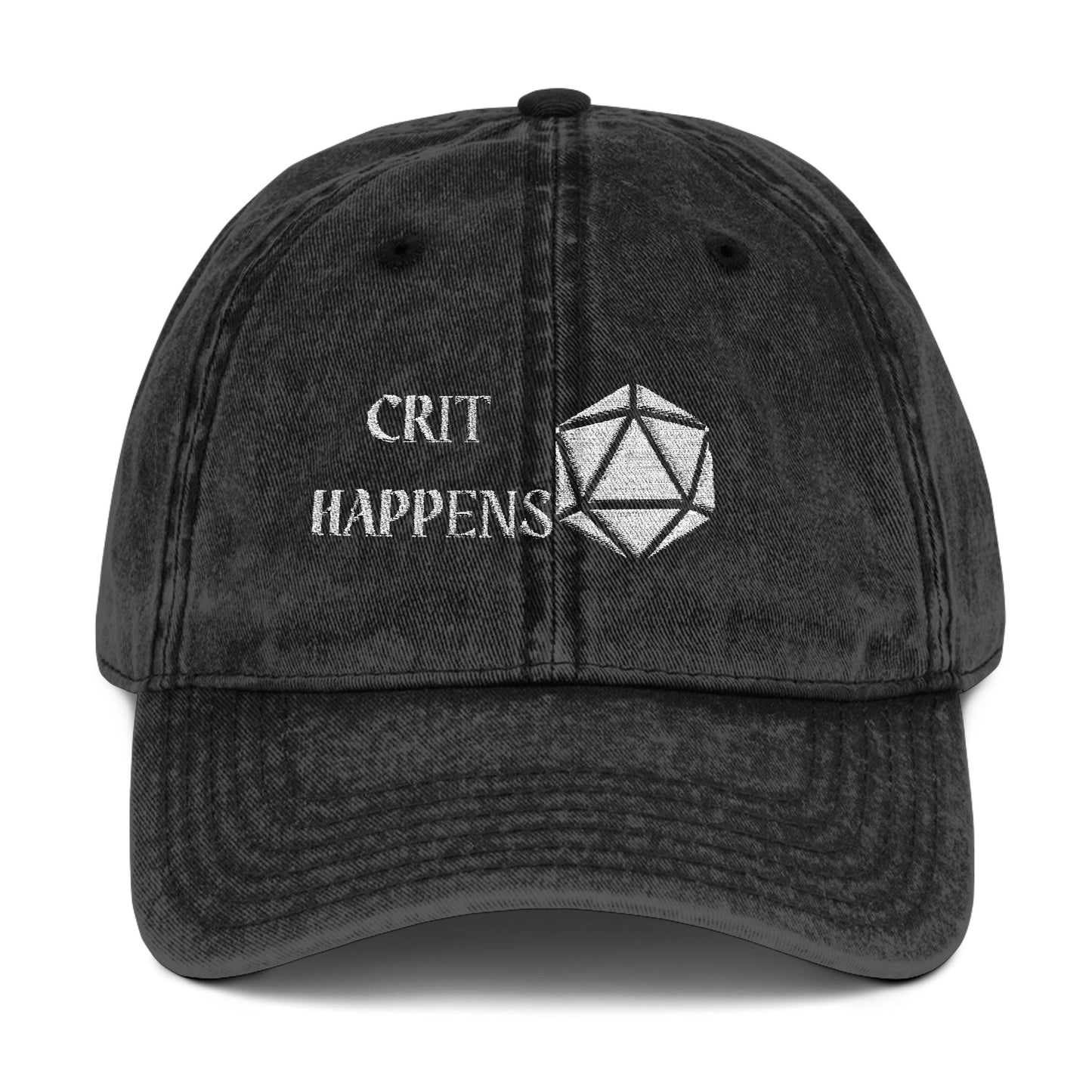 Vintage Style Cap - 'CRIT HAPPENS' D20 Embroidered Baseball Hat, DND, RPG, TTRPG, Roleplaying, Geek, Nerd