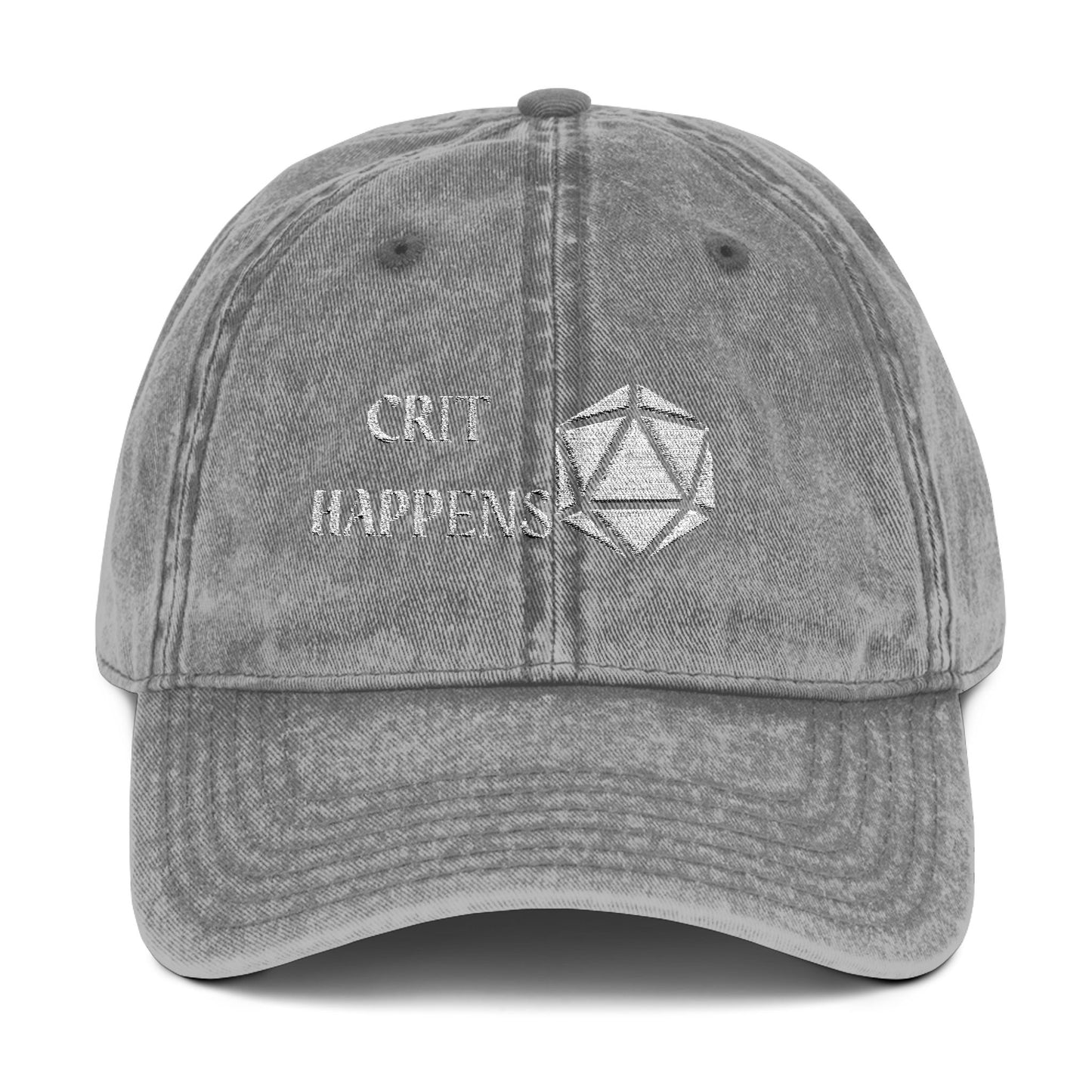 Vintage Style Cap - 'CRIT HAPPENS' D20 Embroidered Baseball Hat, DND, RPG, TTRPG, Roleplaying, Geek, Nerd