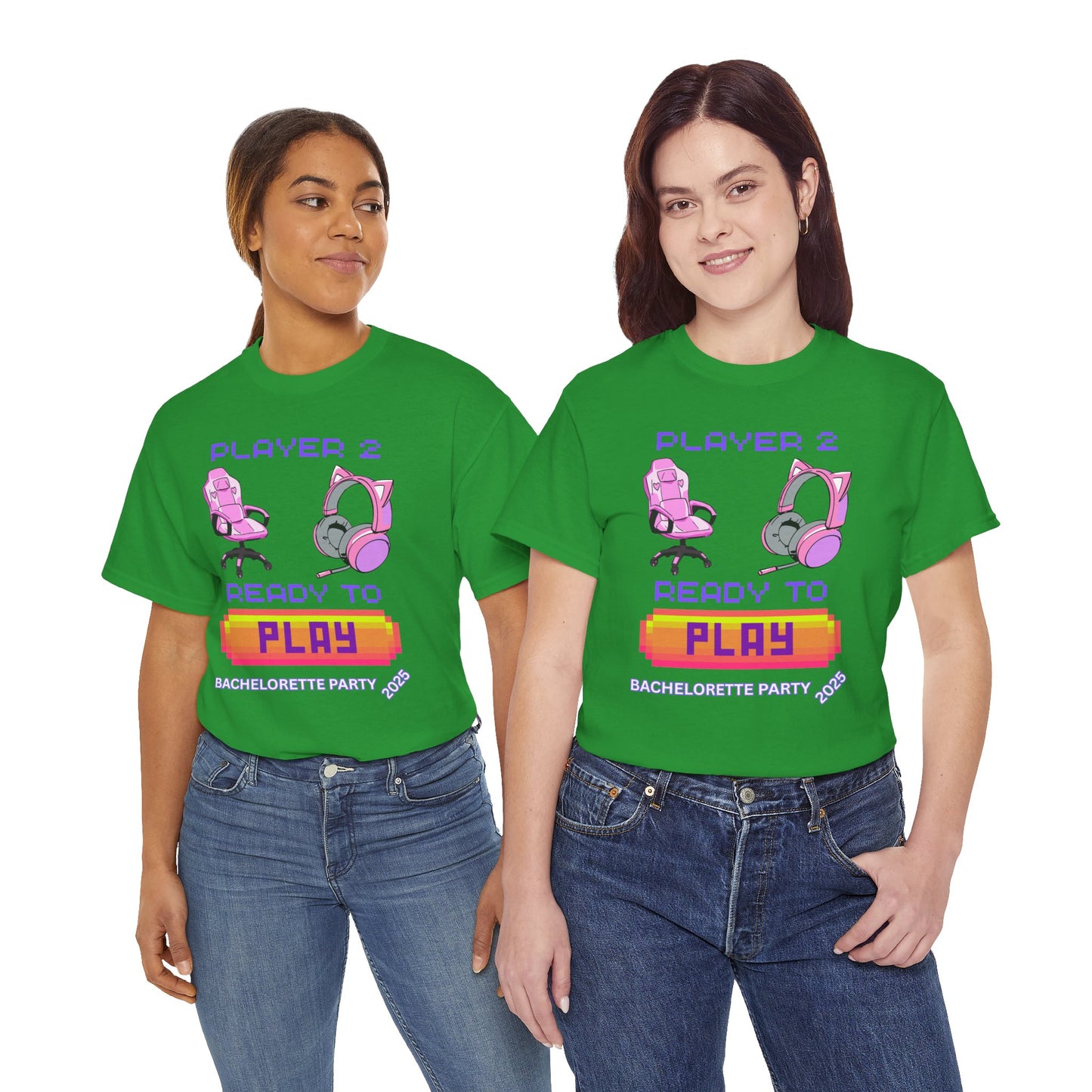 Gamer Girl Bachelorette Party 2025 Tee - 'Player 2 Ready to Play' Unisex Heavy Cotton T-Shirt, Video Game, Gaming, Console, PC, Tech, Geek, Squad, Nerd