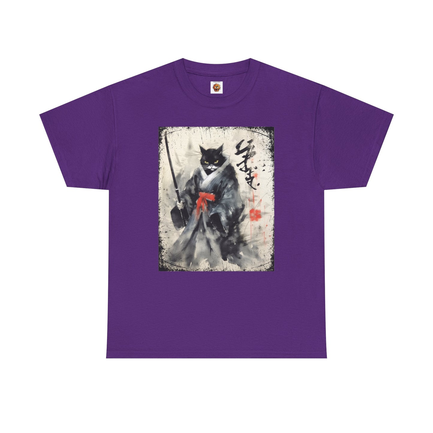 Samurai Cat Vintage Ukiyo-e Warrior Art Unisex Heavy Cotton Tee - Artistic Vintage Design, Japanese Ink Painting, Anime, Weeb, Otaku, Geek, Nerd