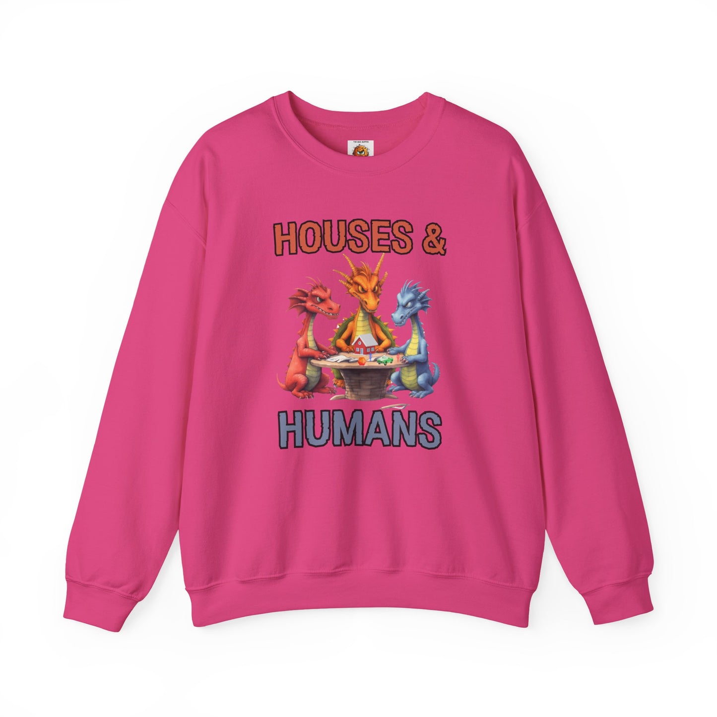 'Houses & Humans' Heavy Blend Crewneck Sweatshirt, Cozy unisex sweatshirt, Fantasy apparel, Gift for nerds, Dragon lover merch, D&D, DND, RPG, TTRPG, Geek, Nerd, D20