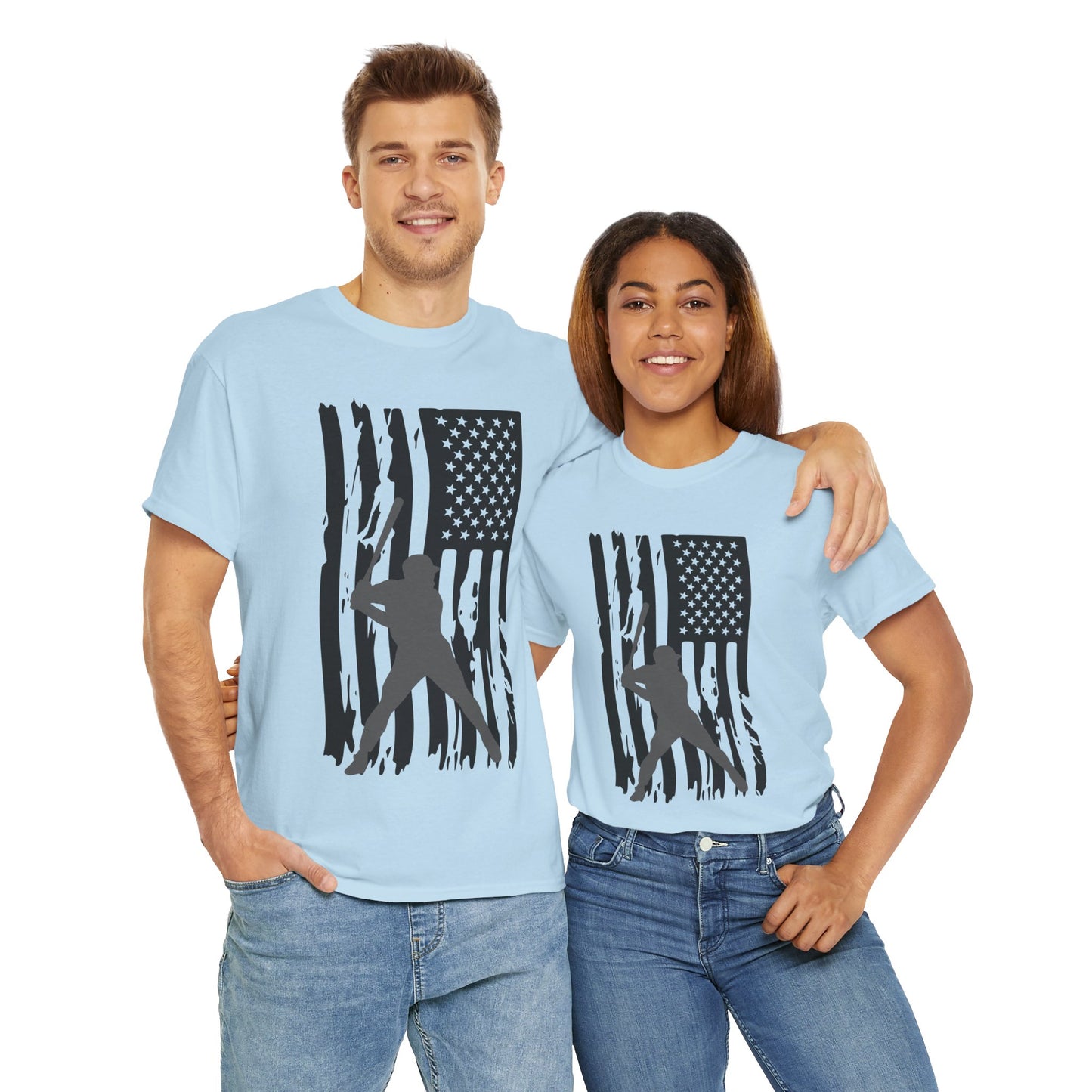 Patriotic Baseball Silhouette Unisex Heavy Cotton Tee | American Flag Graphic T-Shirt, Casual Wear, Independence Day, Gift for Baseball Fans, Batter Up