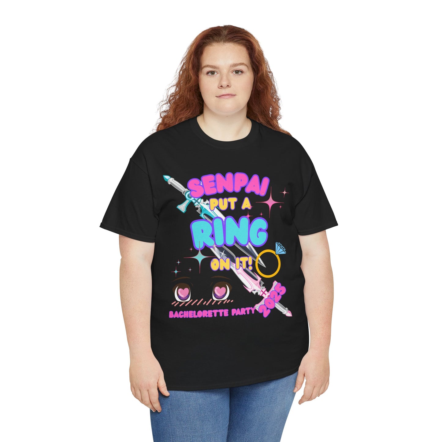 Kawaii Cute Funny Bachelorette Party Tee - "Senpai Put a Ring on It!" Unisex Heavy Cotton T-Shirt, Wedding, Engagement, Anime, Weeb, Otaku, Geek, Nerd