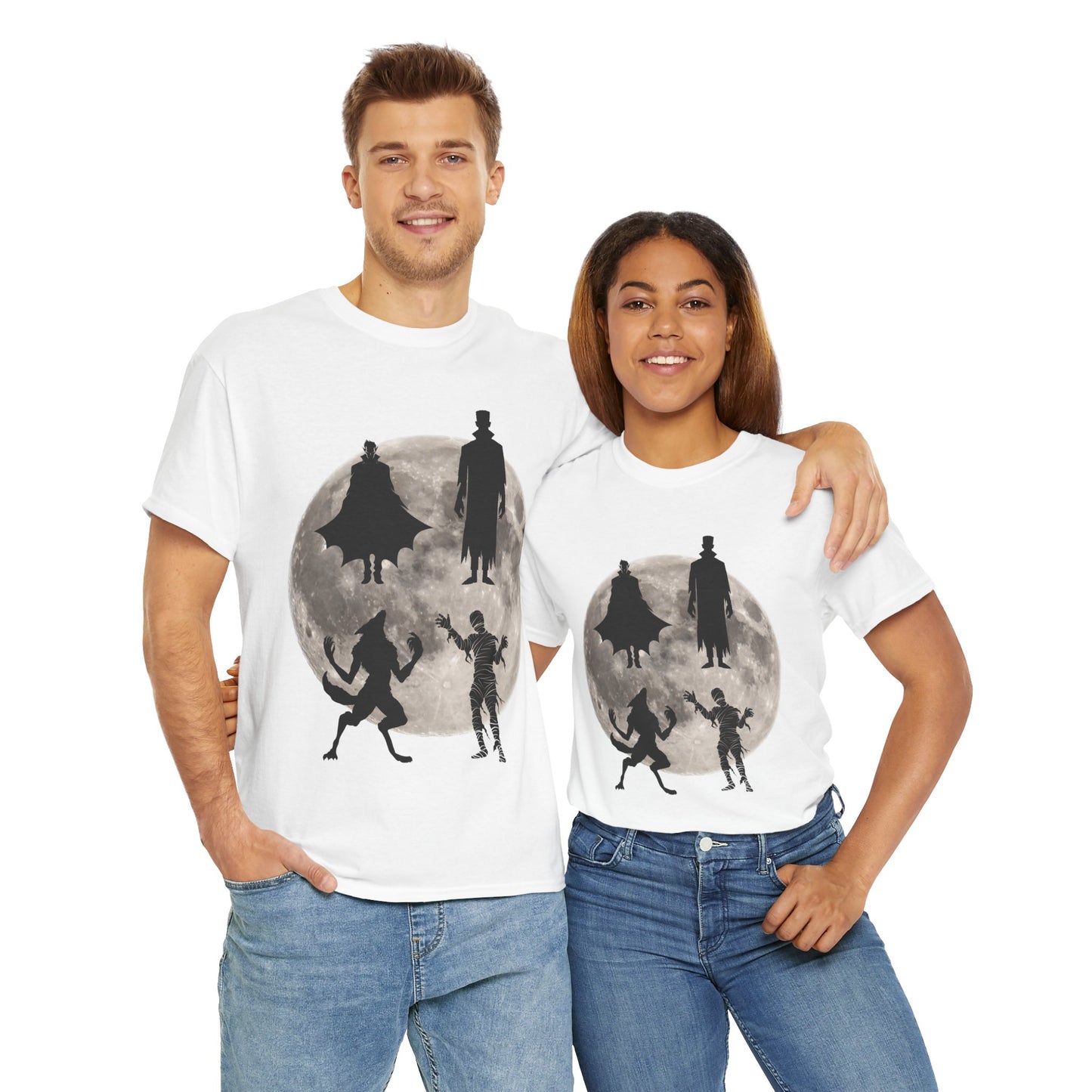 Halloween Silhouette Unisex Heavy Cotton Tee Shirt T-Shirt - Classic Movie Monsters, Horror, Scary, Retro, Vintage, Geek, Nerd