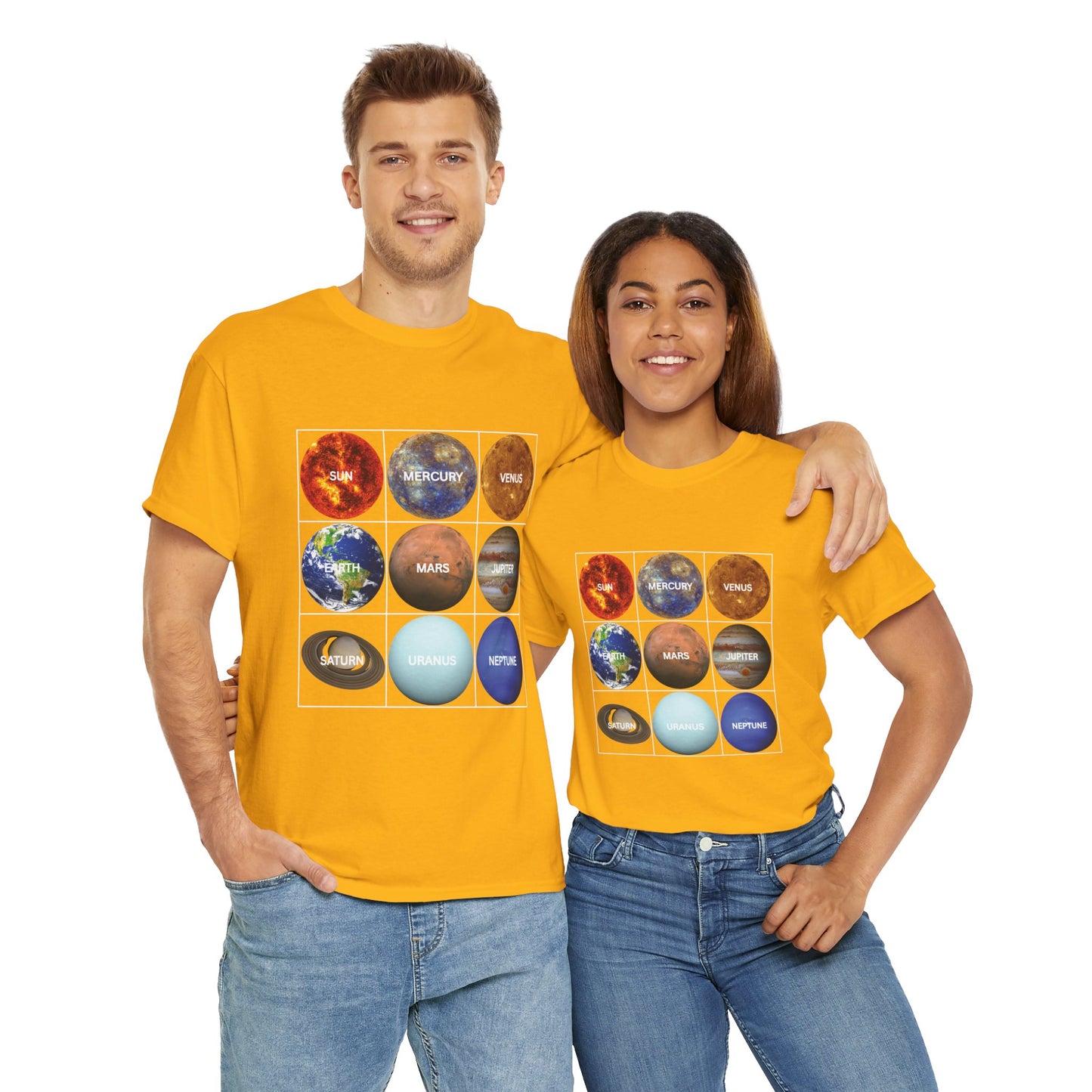 Cosmic Planet Solar System Graphic Tee Shirt- Unisex Heavy Cotton T-Shirt, Sun, Space, Galactic, Science, Geek, Nerd