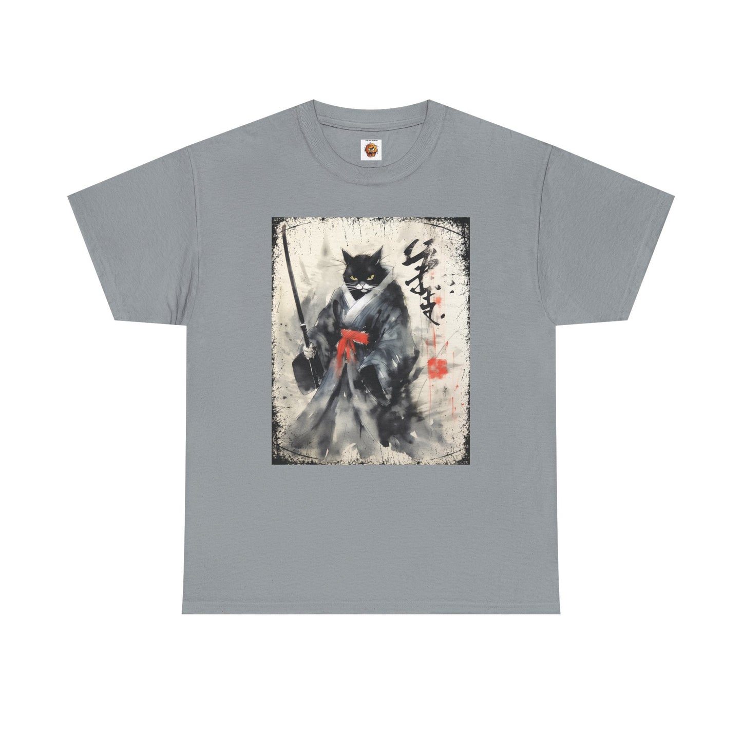 Samurai Cat Vintage Ukiyo-e Warrior Art Unisex Heavy Cotton Tee - Artistic Vintage Design, Japanese Ink Painting, Anime, Weeb, Otaku, Geek, Nerd