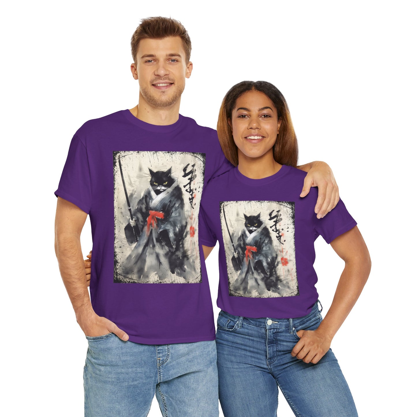 Samurai Cat Vintage Ukiyo-e Warrior Art Unisex Heavy Cotton Tee - Artistic Vintage Design, Japanese Ink Painting, Anime, Weeb, Otaku, Geek, Nerd