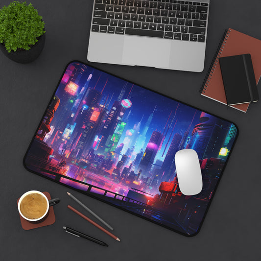 Futuristic Cityscape Cyberpunk Skyline Desk Mat - Perfect for Gamers and Professionals, Geek, Nerd, Neon Color
