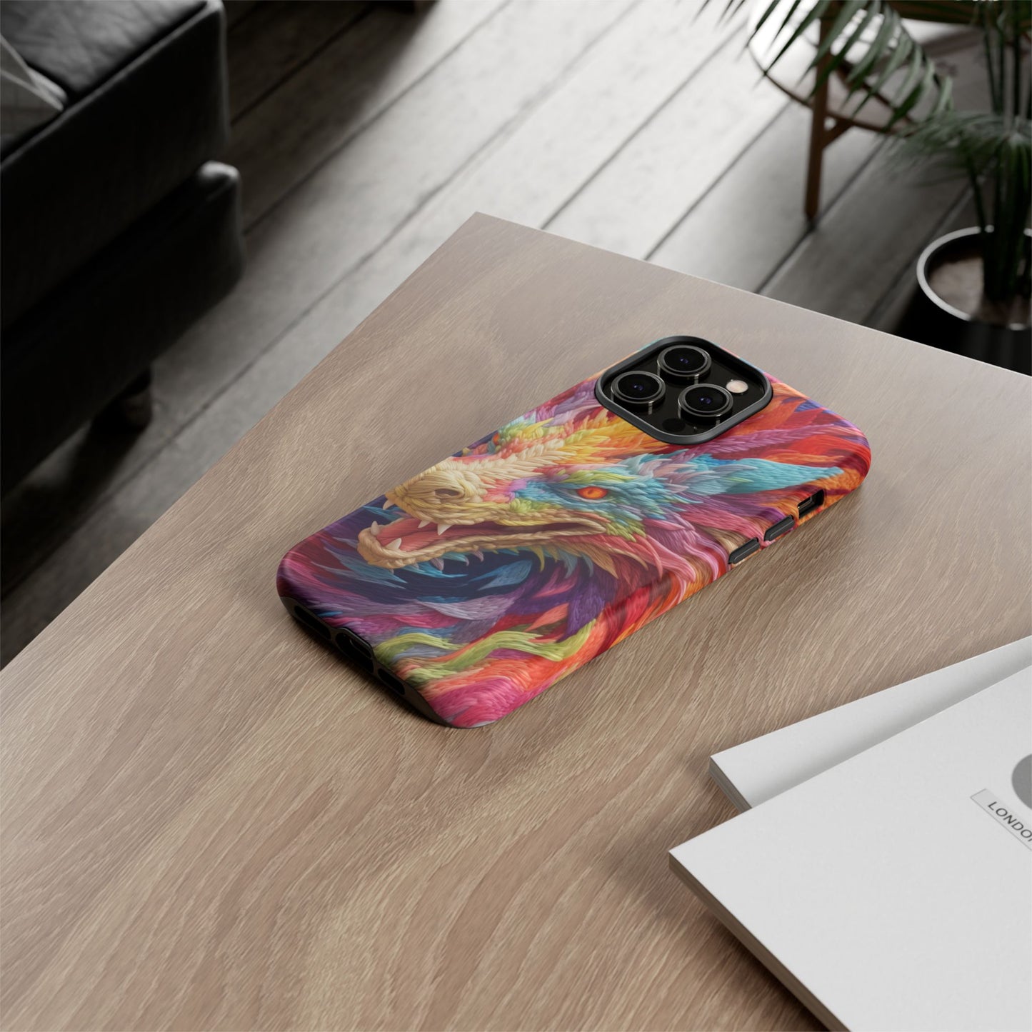 Vibrant 3D Embroidery Embroidered Rainbow Dragon Phone Case - Tough Protection for Fantasy Lovers, DND, RPG, TTRPG, Geek, Nerd