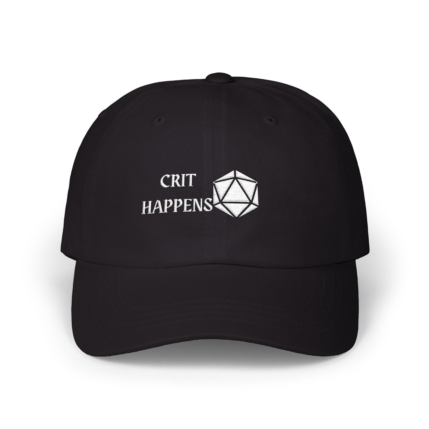 DnD D20 Embroidered Dad Cap 'Crit Happens' Hat for Gamers, Geek Apparel, Gifts for D&D Fans, Casual Style Dad Cap, RPG, TTRPG, Roleplaying, Nerd
