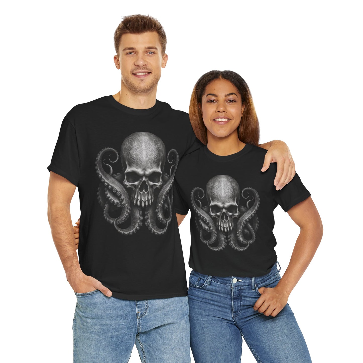 Skull & Octopus Graphic Tee | Edgy Unisex Heavy Cotton T-Shirt, Alternative Fashion, Halloween Gift, Casual Wear, Trendy Apparel, Kraken, Cthulhu, Monster