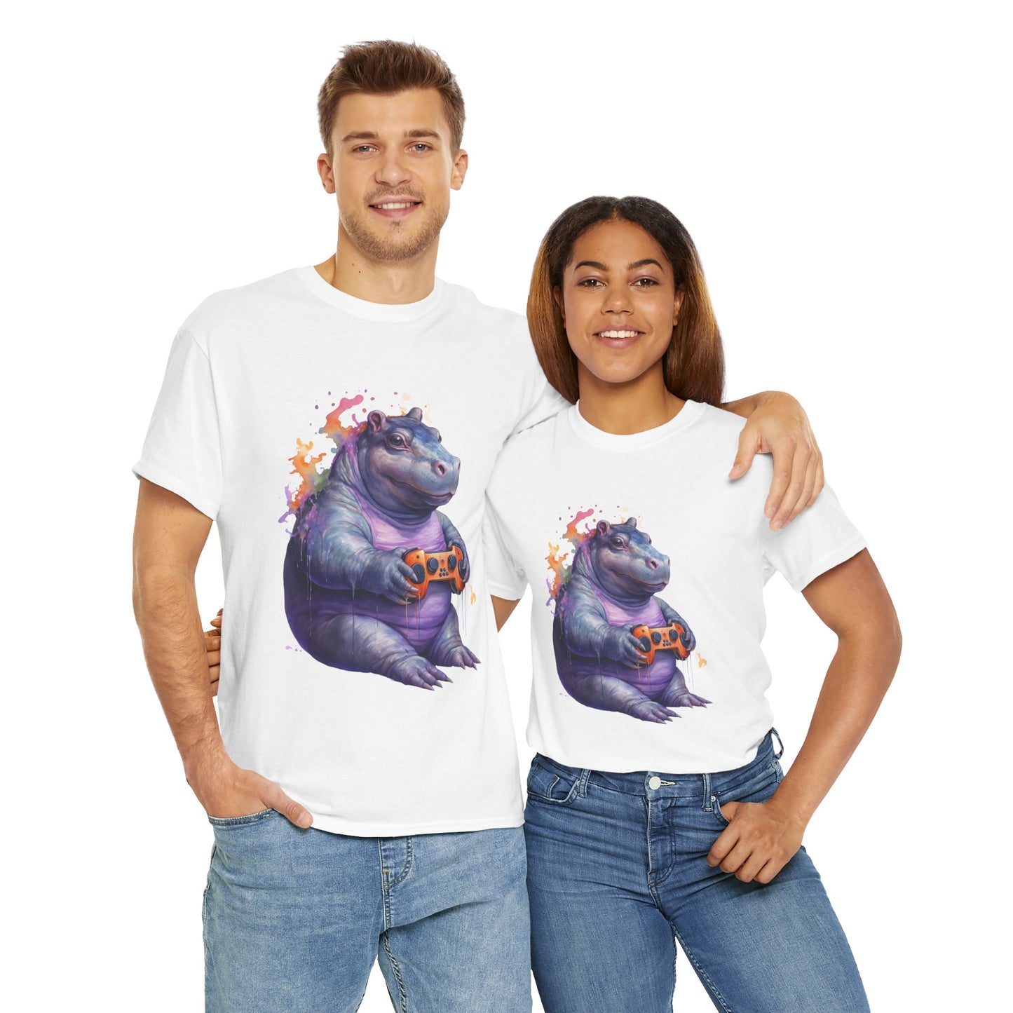 Cute Kawaii Gaming Pygmy Hippo Unisex Heavy Cotton Tee - Fun and Quirky Shirt for Gamers, Video Game, Girl, Anime, Weeb, Otaku, Moo Deng, Thailand