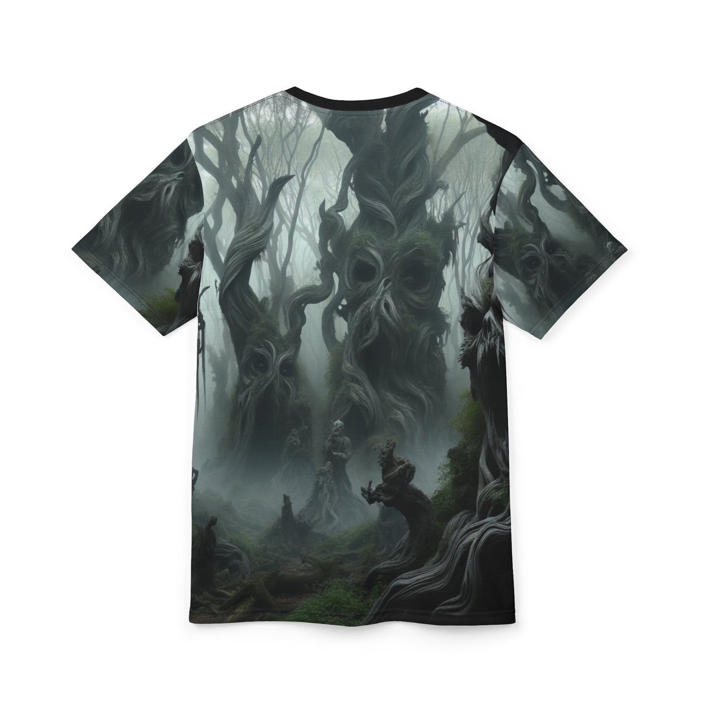 Mystical Living Forest AOP Unisex Tee - Enchanted Faces In The Trees Design, Horror, Scary, Creepy, Halloween, Haunted, Eerie