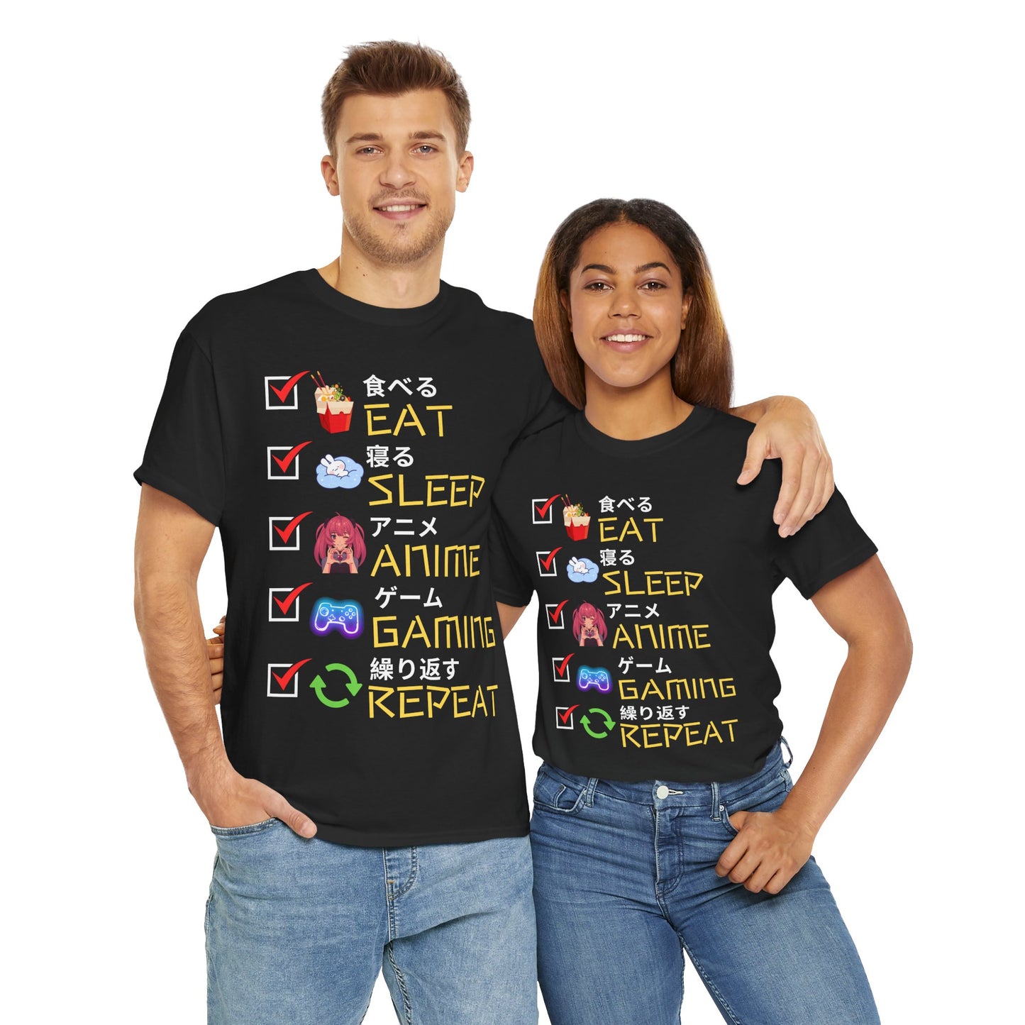 Cute Kawaii Unisex Heavy Cotton Tee Shirt T-Shirt - Eat Sleep Anime Gaming Repeat, Funny Checklist Japanese Kanji English, Geek, Nerd