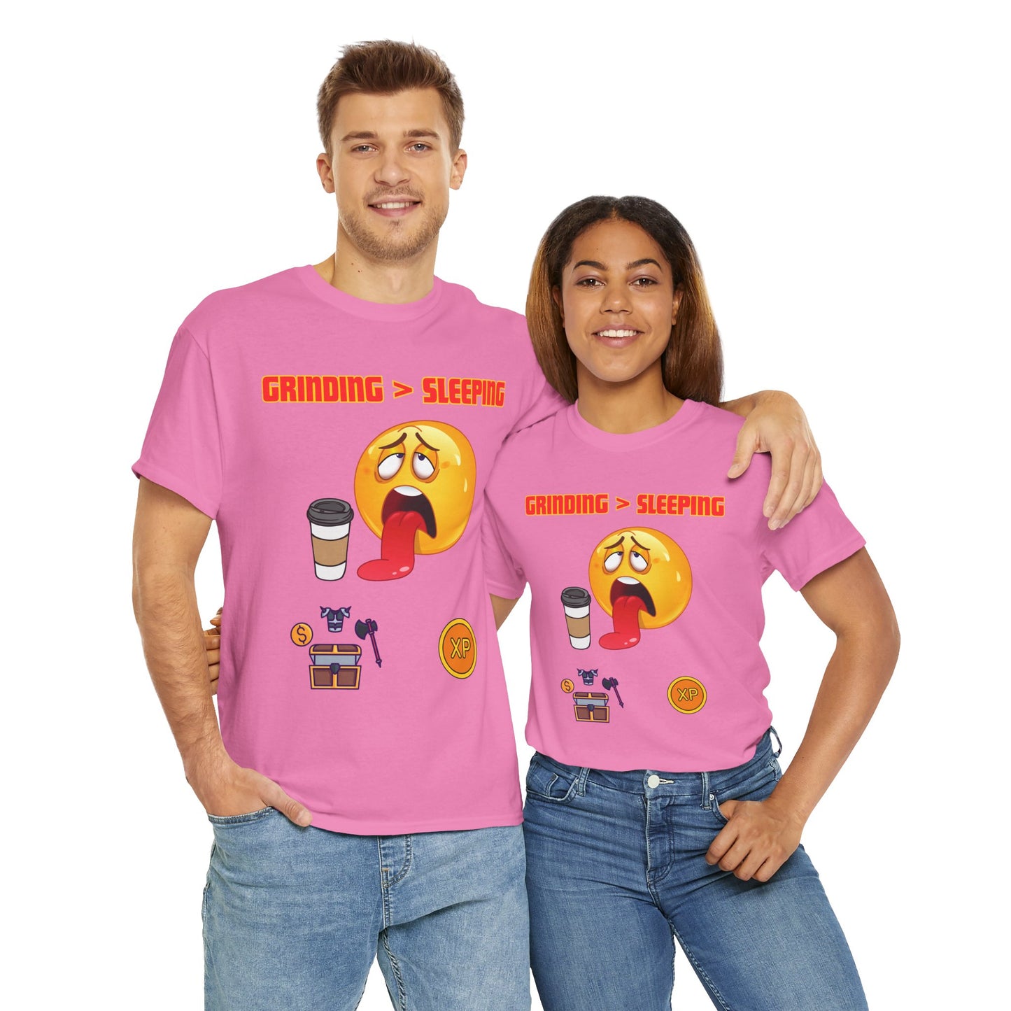 Grinding > Sleeping Unisex Heavy Cotton Tee - Funny Graphic T-Shirt for Gamers and Coffee Lovers, Gaming, Video Game, Geek, Nerd, RPG