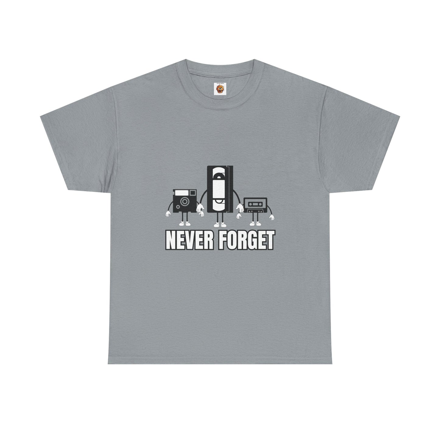Retro Tech Unisex Heavy Cotton Tee Shirt- "Never Forget" Graphic T-Shirt, Floppy Disk, VHS Tape, Audio Cassette, Science, Geek, Nerd