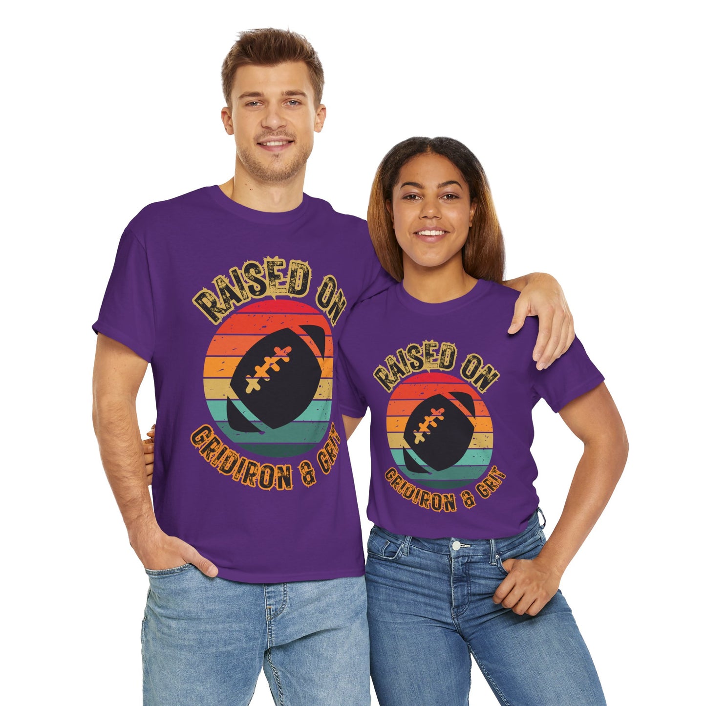 Raised On Gridiron & Grit Retro Football Inspired Unisex Heavy Cotton Tee, Sports T-Shirt, Gift for Football Fans, Trendy Casual Wear, Vintage Gridiron Style